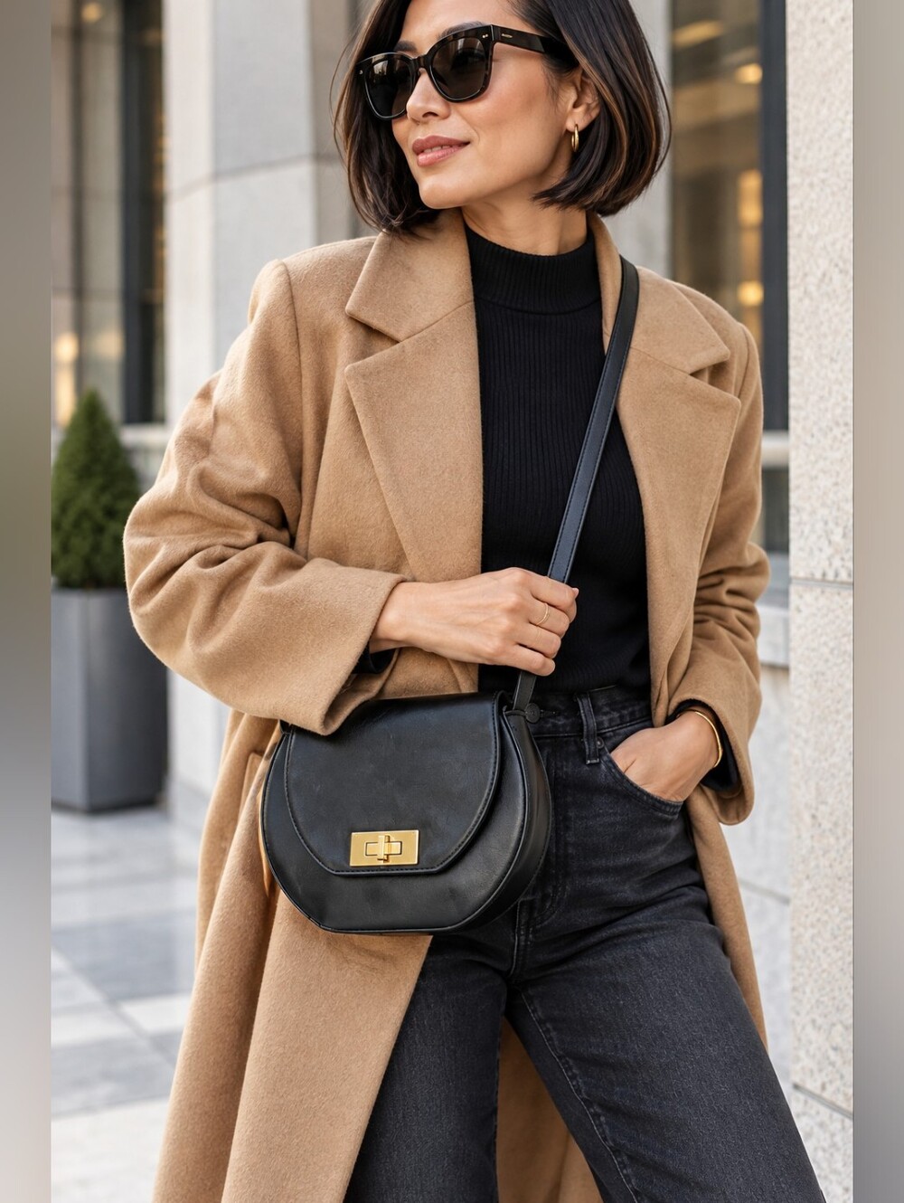 Joanna Maxham black leather crossbody adjustable strap bag